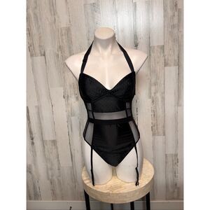Victoria’s Secret Black Mesh Bodysuit 34D Lingerie Bustier One-Piece Sexy Sheer